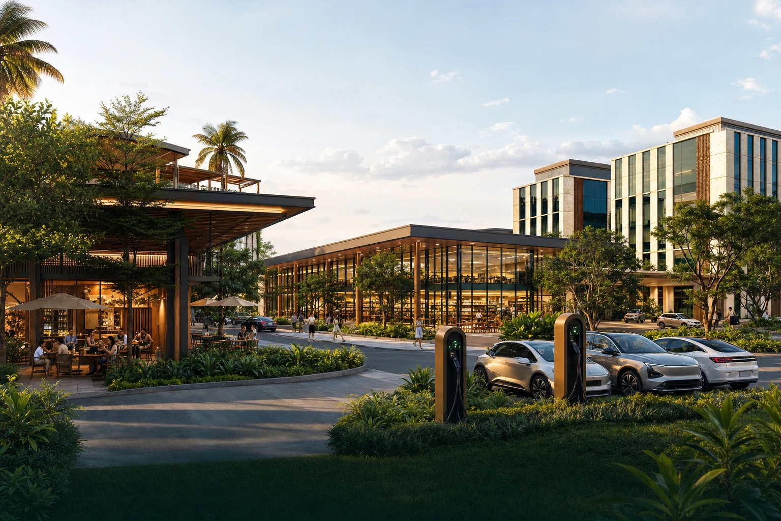 AI-generated commercial concept with restaurant frontage, retail buildings and EV charging bays
