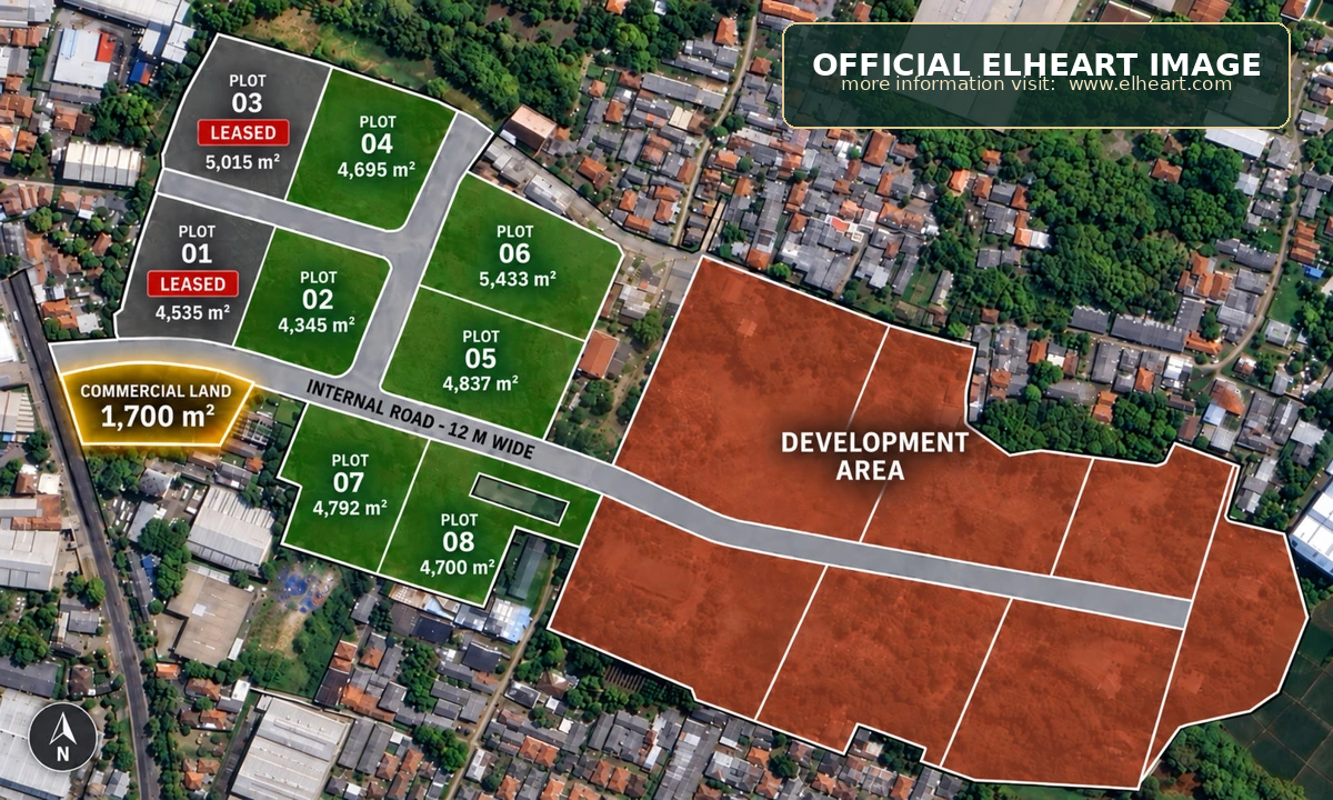 District 7 site plan: the yellow highlighted COMMERCIAL LAND parcel is 1,700 m²; surrounding industrial plots are not offered on this page
