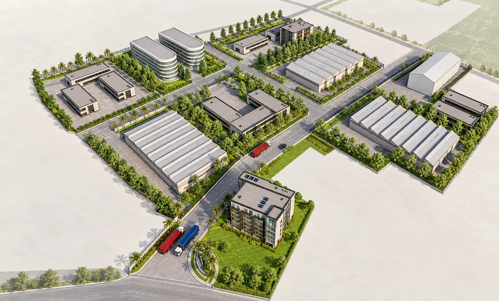 Illustrative aerial development plan of an industrial estate, not existing facilities